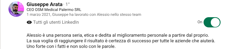 Recensione LinkedIn di Giuseppe Arata